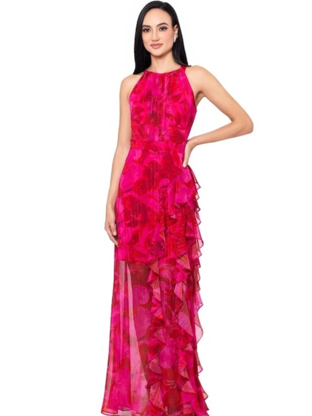 Betsy & Adam Fuchsia Poppy Halter Floral Printed Chiffon Maxi Dress